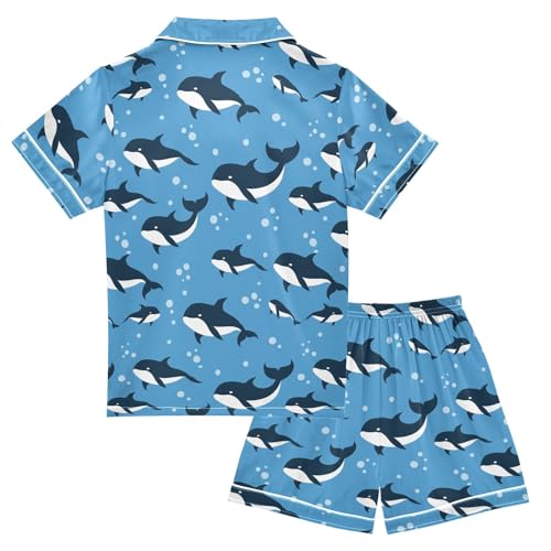Cartoon Killer Whale Theme Summer Satin Pajama Set, Cute Button-Down Sleepwear Pj Set for Sleep Wears2