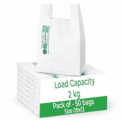 Image of ECOZ Compostable & Biodegradable Carry Bags | 9 x 13 Inch | Pack of 50 | Eco-Friendly Plastic-Free Shopping Bag for Grocery, Food, Retail & Vegetables | Load 2kg Capacity | for Supermarket