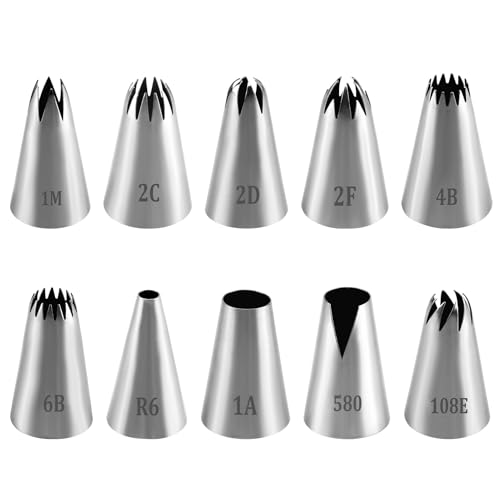 10 Piezas Boquillas de Repostería, Grandes Punta de Bolsillo Profesionales Manga Pastelera Reutilizable para Pastelería Decoración y Elaboración de Manga Acanalada Churros Cupcakes Tartas