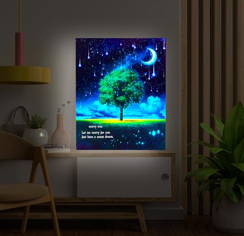 Lighted up Tree Wall Art LED Canvas Wall Art with Timer Worry Tree Framed Picture for Bedroom Battery Operated Soft Glow Nature Wall Decor Calming Home Decor Gift.