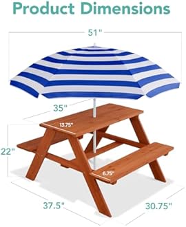 Best Choice Products Kids Wooden Picnic Table, Outdoor Activity & Dining Table w/Adjustable Collapsible Umbrella, Built-in Seats - Golden Brown/Navy