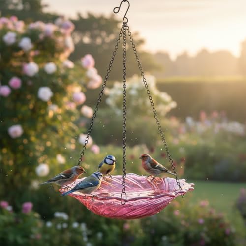 Image of HONGLAND Bird Baths for Outdoors, 11 inch Pink Glass Birdbaths Outdoor Birdfeeder with Metal Stake