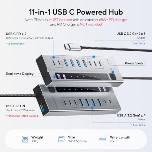 Image of 9-in-1 USB 3.2 Data Hub, Power Adapter NOT Included, Powered USB C Hub with 3 x USB-C 10Gbps, 4 x USB-A 5Gbps and 2 x 24 /45W USB-C PD Charging Ports USB Hub
