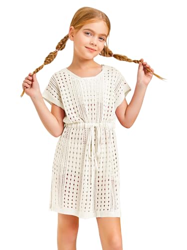 Haloumoning Girls Crochet Swim Beach Cover Up Short Sleeve Swimsuits Long Beach Dress 5-14 Years3