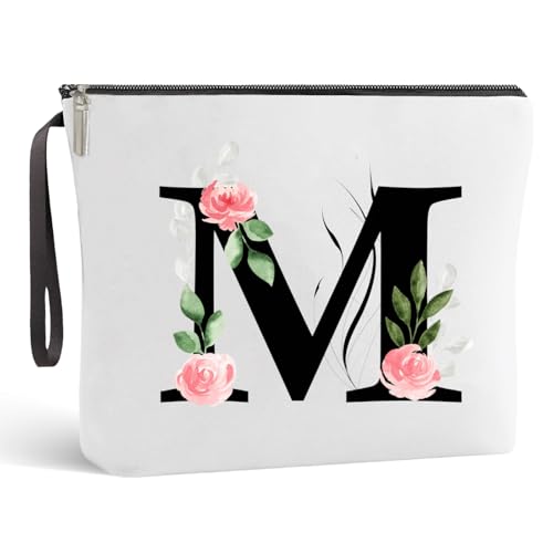 Blisswave Neceser Personalizado, con Bonitas Flores Rosas, Bolsa de Maquillaje Pequeño A-Z con Nombre, Elegante Forro de Seda, Cremallera Metálica, Regalos Personalizados para Mujer