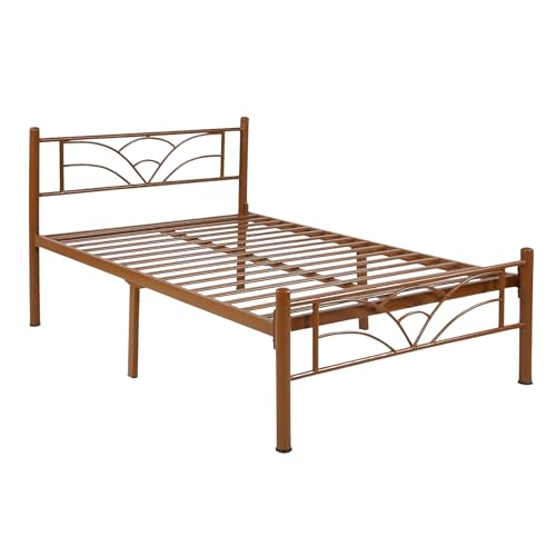 Image of Zyra Metal Extra Single Size Bed Without Storage | Wrought Iron Single Bed with Headboard & Footboard| Sturdy Powder Coated Platform Cot for Bedroom (Zyra Brown)