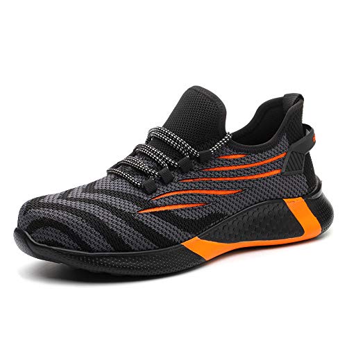 KTDYG Zapatos de Seguridad Hombre Ligeros Calzado de Seguridad Mujer Punta de Acero Transpirable Calzado de Trabajo Antideslizante, Naranja, EU 46