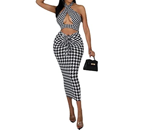 Vestidos casuais femininos casuais estampados com decote frente única e cordão recortado vestido ver