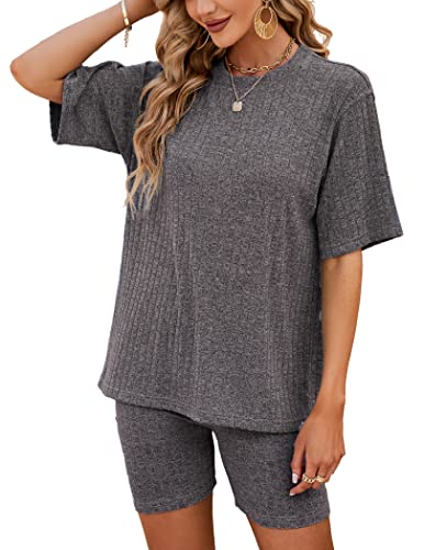 NIUDAU Loungewear Set Damen 2 Teilig Oversize Kurzarm Bluse Shirts Kurze Hose Kordelzug Short mit Top Sommer