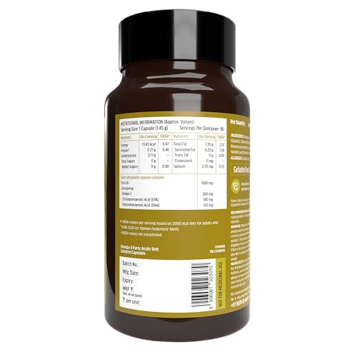 Image of hk vitals Omega 3 (90 Fish Oil Capsules) | 1000mg Omega 3 with 180mg EPA & 120mg DHA | For Brain, Heart, Eyes, and Joints Health
