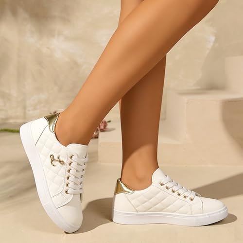 Tenis acolchados blancos para mujer con detalles dorados y lengüeta metálica en el talón, zapatos casuales de moda con cordones para todos los días, elegantes y urbanos, Blanco, 39 EU