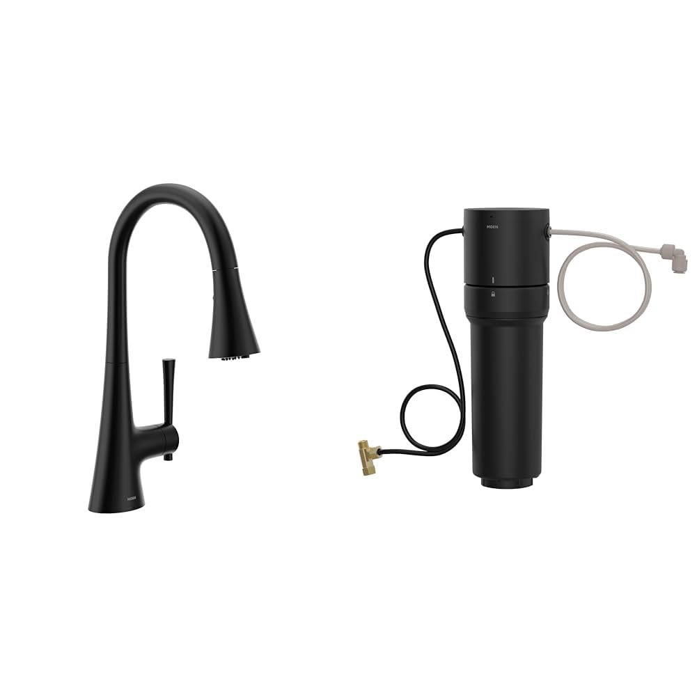 MoenKurv Matte Black 3-in-1 Water Filtration Pull Down Kitchen Faucet, F9126BL with Moen F9800 Advanced Carbon Water Filtration System