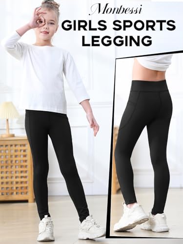 Monbessi Girls Athletic Leggings with Pockets High Waisted Kids Workout Leggings Yoga Sports Gym Girls Leggings 5-12 Years2