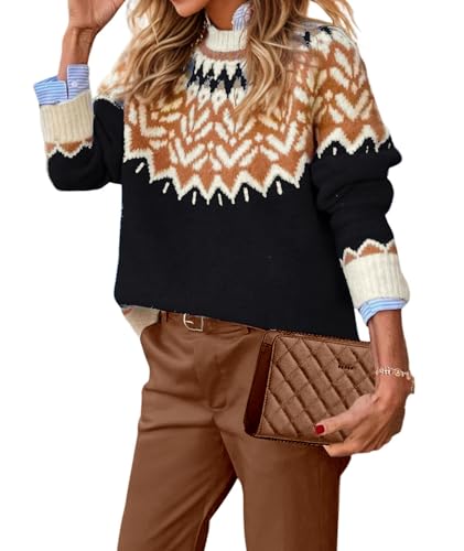 Image of EARKOHA Women's Casual Mock Neck Ribbed Sweater Pullover 2026 Fall Long Sleeve Print Fair Isle Sweater Top