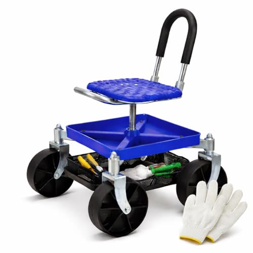 Cycayit Heavy-Duty 360° Swivel Rolling Garden Seat, 330 lbs Capacity, Height Adjustable 20-24 in, with Work Gloves for Weeding, Planting, Car Detailing