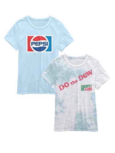 Pepsi & Mountain Dew Logo Juniors Womens 2 Pack Graphic Tee Shirt Set (X-Small, Blue/Tie Dye)