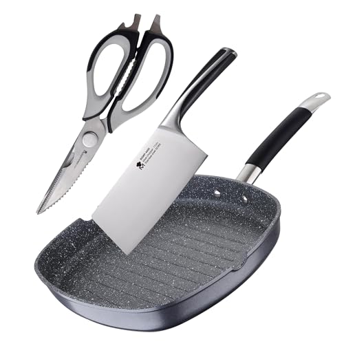 Set de Sartén Grill 28x28x4,5cm en aluminio forjado + Cuchillo macheta de 17,5cm y Tijeras 23cm en acero inoxidable MasterPRO