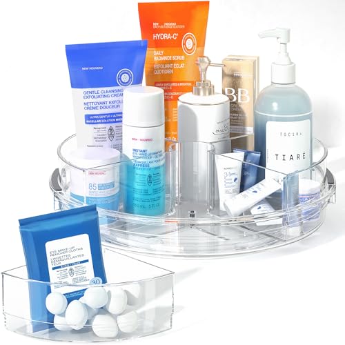 LAMU Lazy Susan Organizer with 4 Bins Removable Turntable for Cabinet, Recyclable Plastics Rotating Organizer for Kitchen, Pantry, Bathroom Countertop Organizer, 10.6 inch, Clear