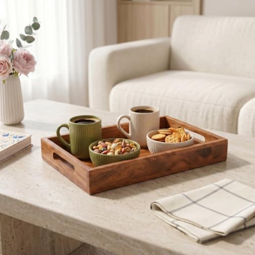 Image of Nestasia Wooden Serving Tray with Handles (36x20cm) - Acacia Wood Rectangular Brown Tray for Dining & Coffee Table | Platter for Serving Tea, Cakes, Snacks, Breakfast & Home Decor (Warm Honey-Brown)