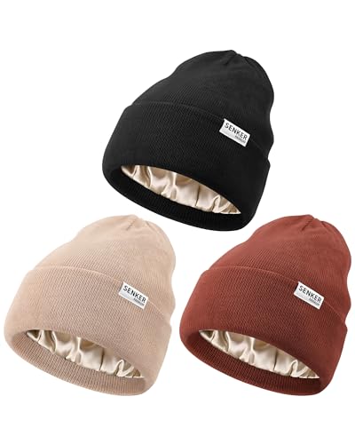 Senker Fashion 3 Pack Satin Lined Beanie Hats for Women Men, Winter...