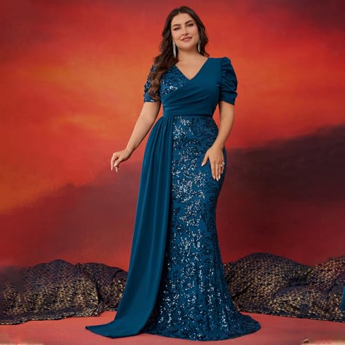Elegant Women’s Formal Dress Wedding Guest Puff Sleeve Mermaid Ball Gowns Court Train Plus Size Sequin Dresses Long2