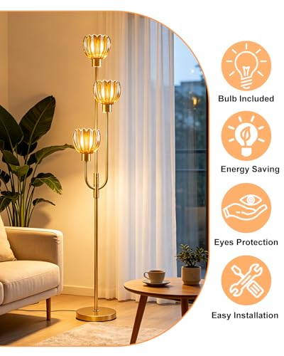 Image of 3-Lights Modern Glass Floor Lamp Gold Dimmable Floor Lamps with 3000K Warm White Bulbs for Wedding Party 66IN Tall Standing Lamp with Amber Glass Shade for Living Room /Bedroom /Girls Room