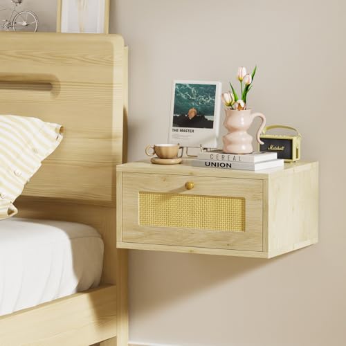 HAMHAIGO Mesita de noche suspendida, estante de pared con cajón, 40 x 30 x 20 cm, mesitas suspendidas para dormitorio, mueble ahorra espacio (madera-A-1PCS)