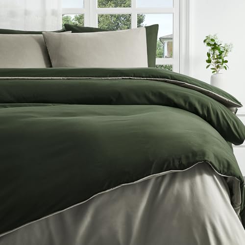 Duvetnova Bettwäsche 220x240 3teilig Olivgrün/Beige - Bettwäsche Sets 1 Bettbezug 220x240 cm + 2 Kissenbezüge 80x80 cm ÖKO-TEX Wendebettwäsche weich & bügelfrei Mikrofaser mit Reißverschluss