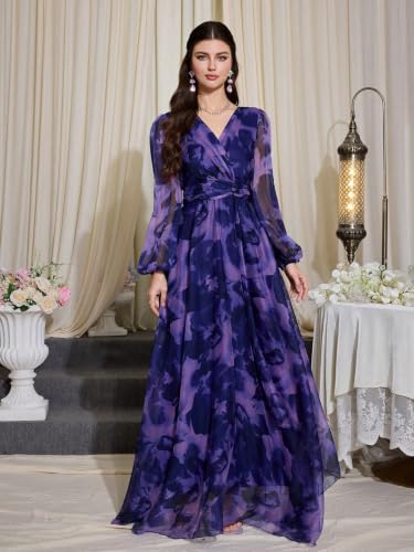 Image of TOLEEN Summer Casual Dresses for Women 2026 Spring Fashion Boho V Neck Long Sleeve Ruffle Floral Print Elegant Maxi Dress