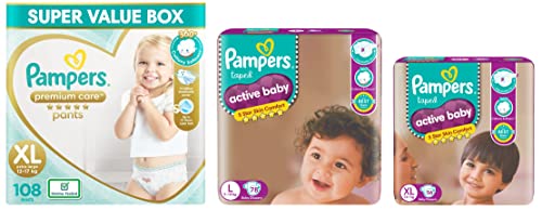 Image of Pampers Premium Care Pants, XL Size, 108 Count & Active Baby Taped Diaper, L Size, 78 Count & L Size, 56 C