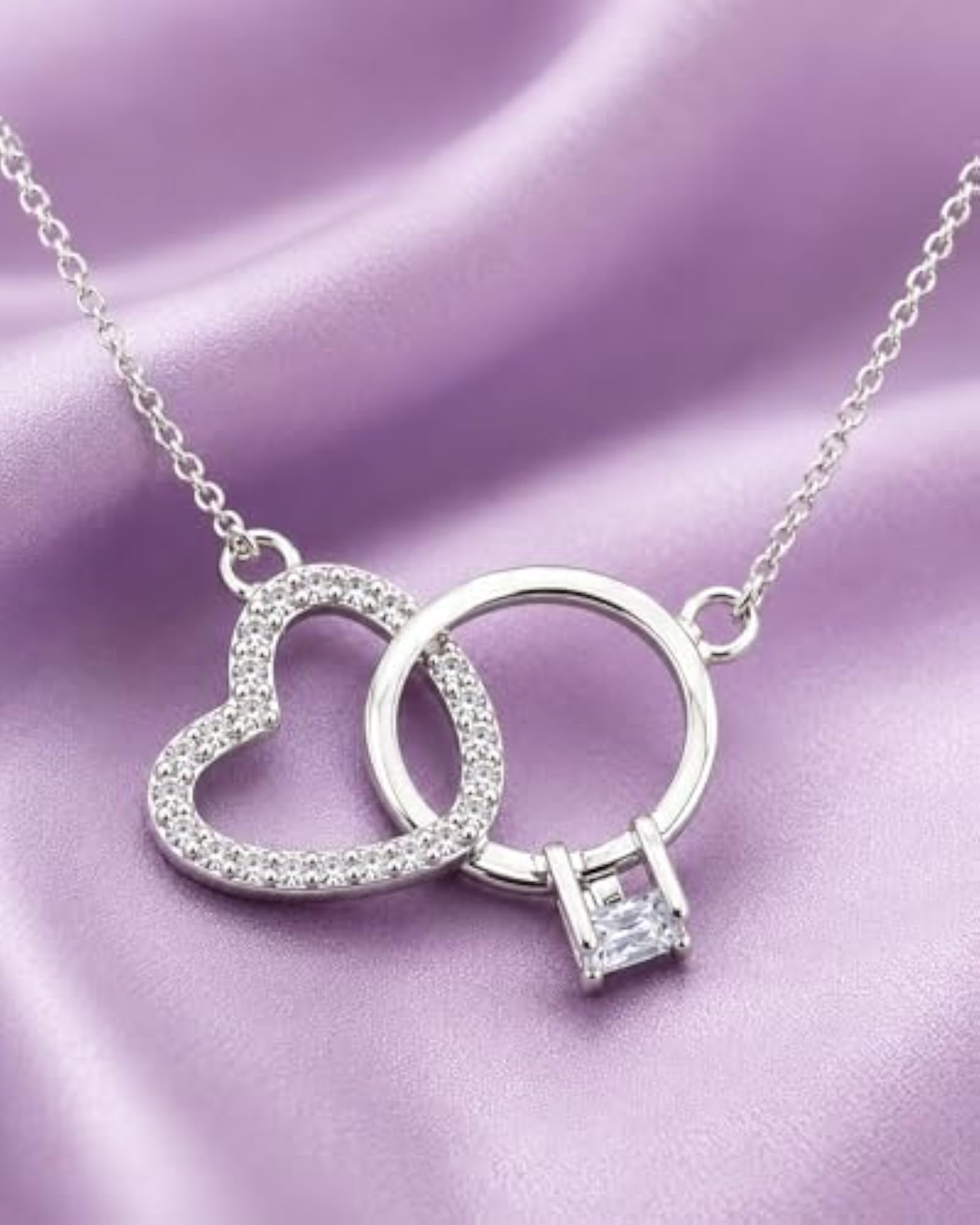 925 Silver Commitment Necklace, Interlocking Heart & Solitaire Ring