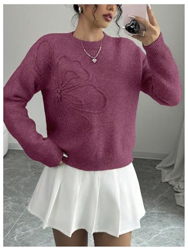 Image of RoseSeek Women's 3D Floral Appliques Crewneck Sweaters Long Sleeve Drop Shoulder Pullovers Elegant Knit Tops