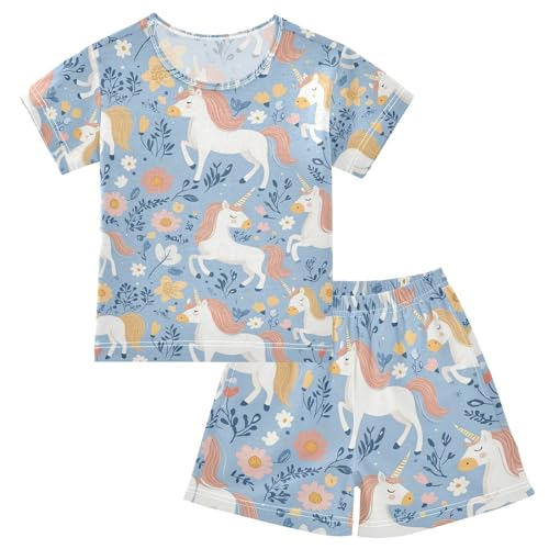 ALAZA Flower Unicorn Blue Cartoon Pajamas Set Short Sleeve Cotton Sleepwear Summer Pjs 2 Piece 5-14Y