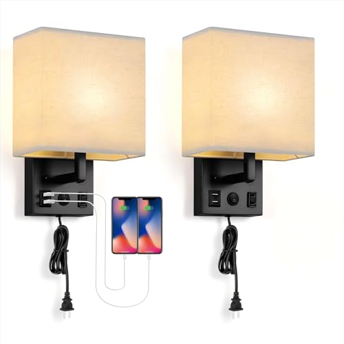 Image of BTY Modern Wall Sconces Set of 2, Wall Lamps Bedroom Plug in with USB Charging Ports AC Socket Sconces Wall Lighting for Living Room Hallway, Black(2 Bulbs Included)