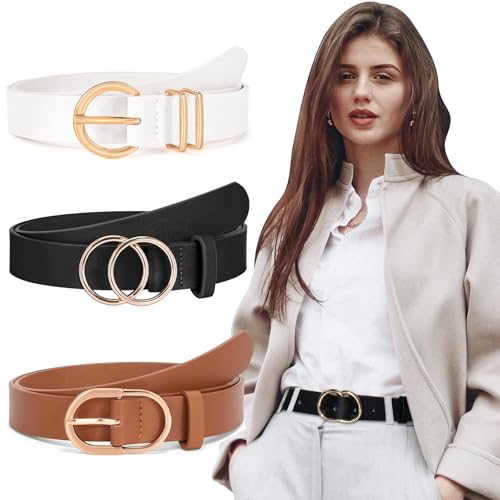 3 Pack Belts for Women, Leather Belts for Jeans Dresses Fashion Gold Buckle Ladies Belt, 3 Styles of Women's Belts (Black White Brown)
