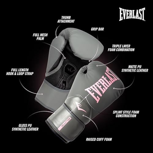 Image of Everlast Elite 2 Womens Boxing Gloves | Vegan Leather Boxing Gloves for Women and Children & Ventilation | Cardio, Speedbag, and Heavy Bag Training Gloves (12 oz, Grey and Pink)