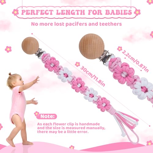 Image of Pacifier Clip for Boys Girls Floral Daisy Macrame Baby Paci Clip Pacifier Holder Leash Boho Wooden Clips Handmade Braided Cotton Binky Clips (1pack:Pink Daisy A)
