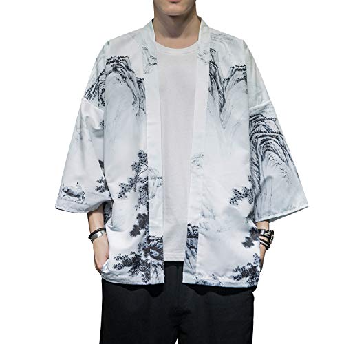 Image of Men's Japanese Kimono Robe Jacket Lightweight 3 /4 Sleeve Open Front Yukata | Silky Smooth Fashion Print Happi Coat Lightweight Breathable Loose Unisex Haori Casual Summer Cardigan Daily Beach Vacation