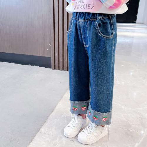 Girls Stretch Waist Jeans | Toddler Straight Leg Denim Pants with Roll-Up Cuff & Strawberry Embroidery | Comfortable3
