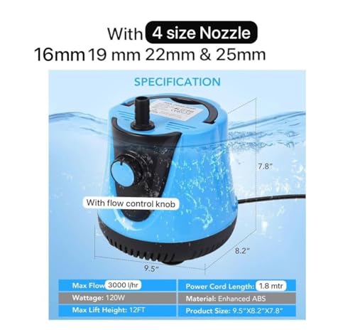 Image of Asian Pumps 120W Submersible Pump with Flow Control, Aquarium Fountain Pump, Ultra Quiet Water Pump for Pool, Fish Tank, Pond, Hydroponics, Ultra-low Water Level with High Lift 12Ft (3000L /hr) 220V