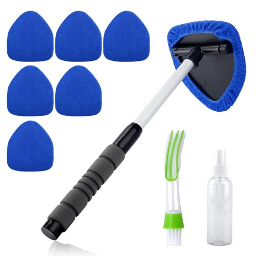 9PCs Car Windscreen Cleaner Tool,Windscreen Cleaner Inside,Interior Cleaning Tools,180° Rotating Head Extendable Windshield Demister Tool,Car Window Cleaning Tools with 6 Reusable & Washable Pads