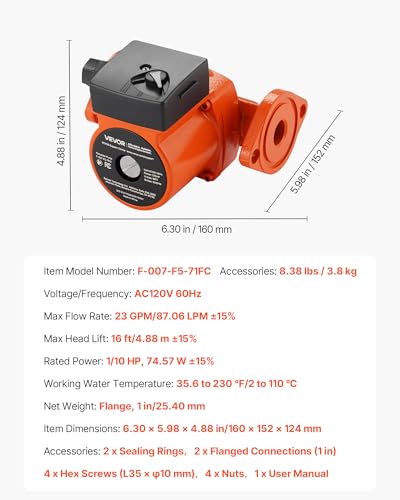 Image of VEVOR F-007-F5-71FC Cast Iron Circulator Pump, 23 GPM, AC 120V 16 ft Hot Water Recirculating Circulation Pump, 1-Inch Flange Connection, 3-Speed Adjustment, Quiet Operation, for Home Heating System
