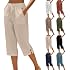 LRMQS Cotton Capri Pants for Women Loose Fit Straight Leg Drawstring Elastic Waist Cropped Pant Casual Summer Linen Clothes