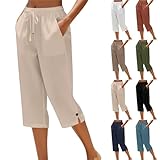 LRMQS Plus Size Cotton Pants for Women Cotton Capri Pants for Women Loose Fit Straight Leg Drawstring Elastic Waist Cropped Pant Casual Summer Linen Clothes Khaki