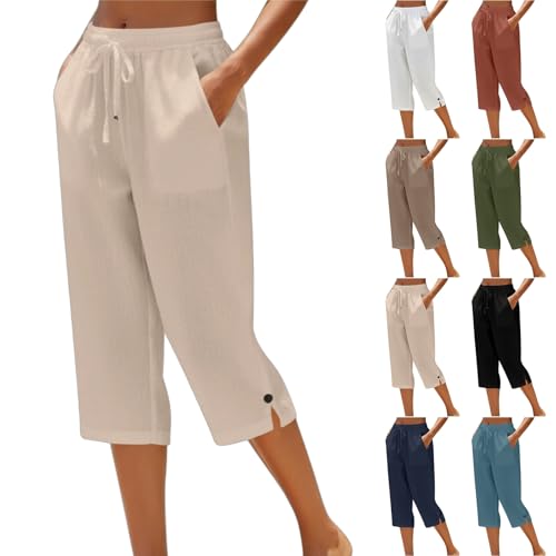 LRMQS Plus Size Cotton Pants for Women Cotton Capri Pants for Women Loose Fit Straight Leg Drawstring Elastic Waist Cropped Pant Casual Summer Linen Clothes Khaki