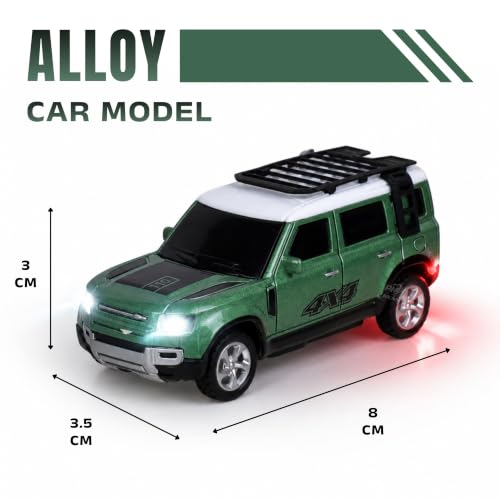 Image of 1:64 Scale RC 4x4 SUV Alloy Die-Cast Remote Control Car - 2.4GHz Rechargeable Off-Road Crawler with LED Lights | Roof Rack Spare Tire for Kids 6+ Years (Green)