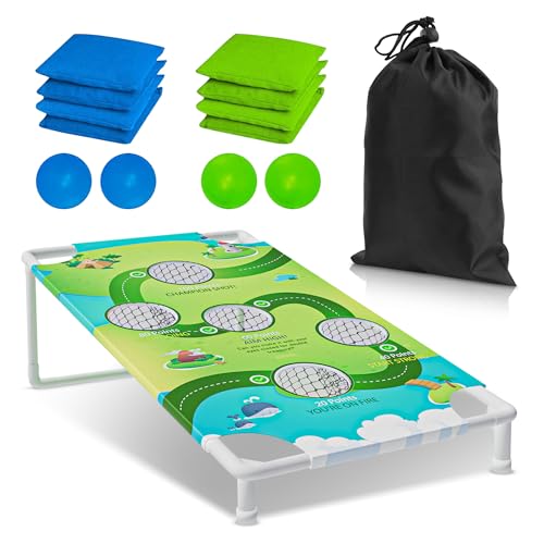 Cornhole Boards Set with 8 Bean Bags & 4 Balls – 2-in-1 Outdoor Games (Cornhole & Ball Toss) – Portable for Adults & Kids – Backyard, Beach, Tailgate, Lawn Party – Green & Blue Bags/Balls