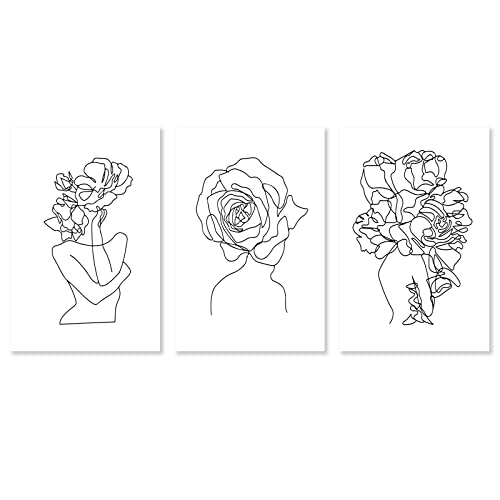 Black And White Abstract Line Art Canvas Print Painting Fine Line Flower Wall Art Flower Head Girl Minimalist Line Art Prints Abstract Women Black And White Silhouette Prints 16X24Inchx3Pcs No Frame #TOP1
