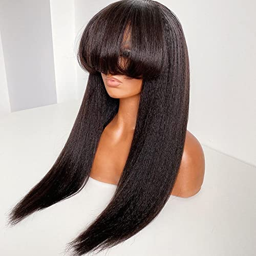 26inch 9A Grade Yaki Straight Human Hair Wigs with Bangs for Women 130% Density Scalp Top Base None Lace Glueless Kinky Straight Human Hair Wig with Bang Pre Plucked Baby Hair Brazilian Remy Hair
