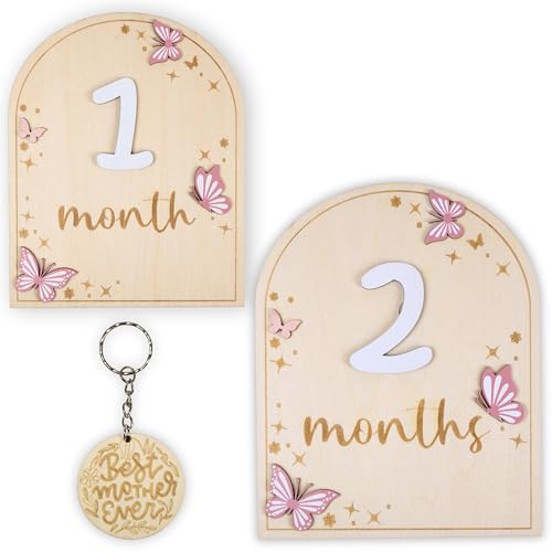 Image of Monthly Baby Milestone Signs - Baby Monthly Milestone Wooden Circles for 1-12 Month Photos & Gender Neutral Announcement Cards (Butterfly)